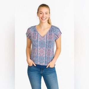 Pink Rose Large Blue Pink White Geometric Top
